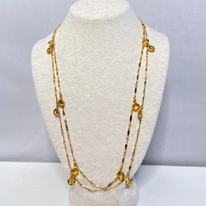 💎Station Opera Necklace Gold Tone Yellow Stones Spring Clasp